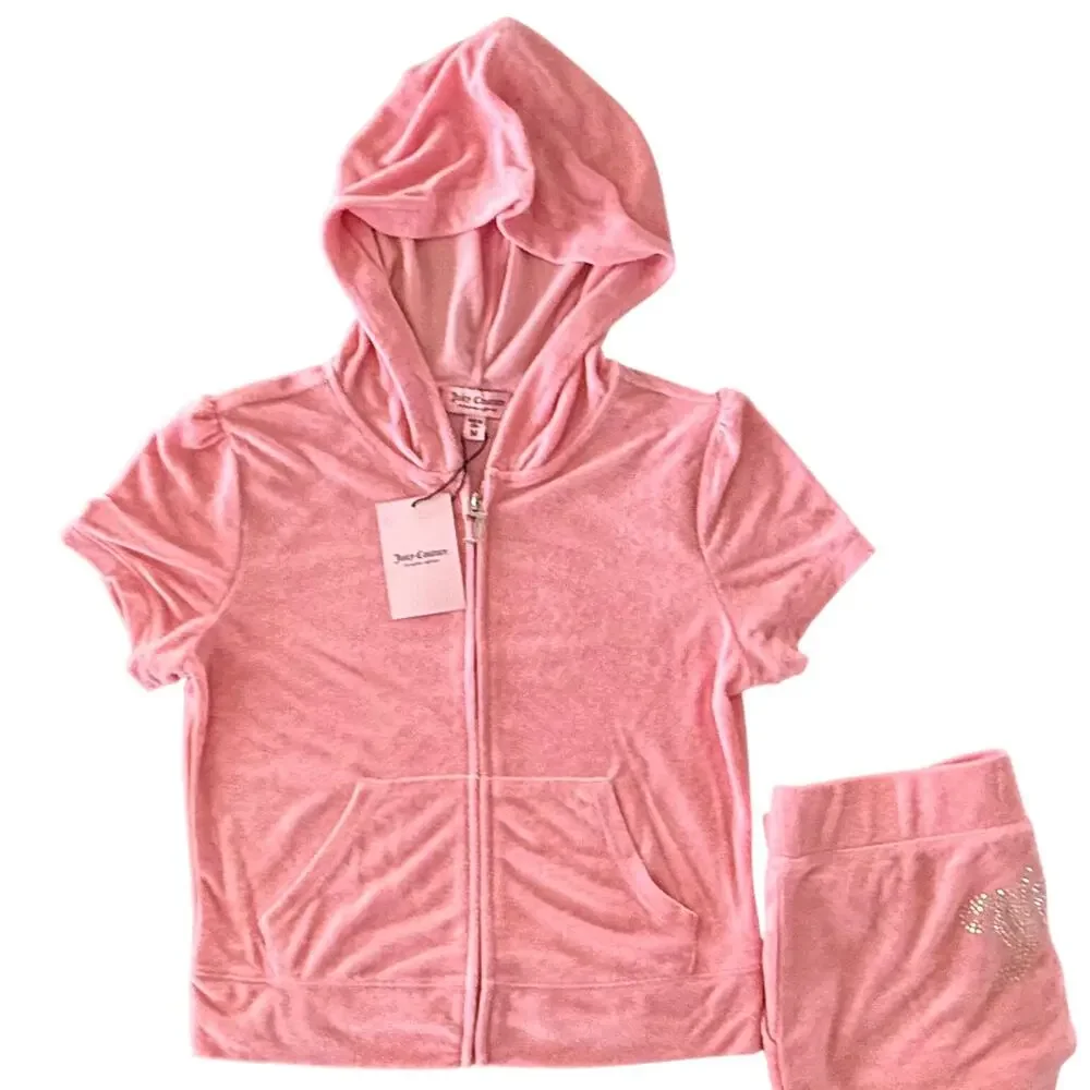 Juicy Couture Pink Bling Velour Tracksuit Set Short Sleeve Hoodie Shorts NWT